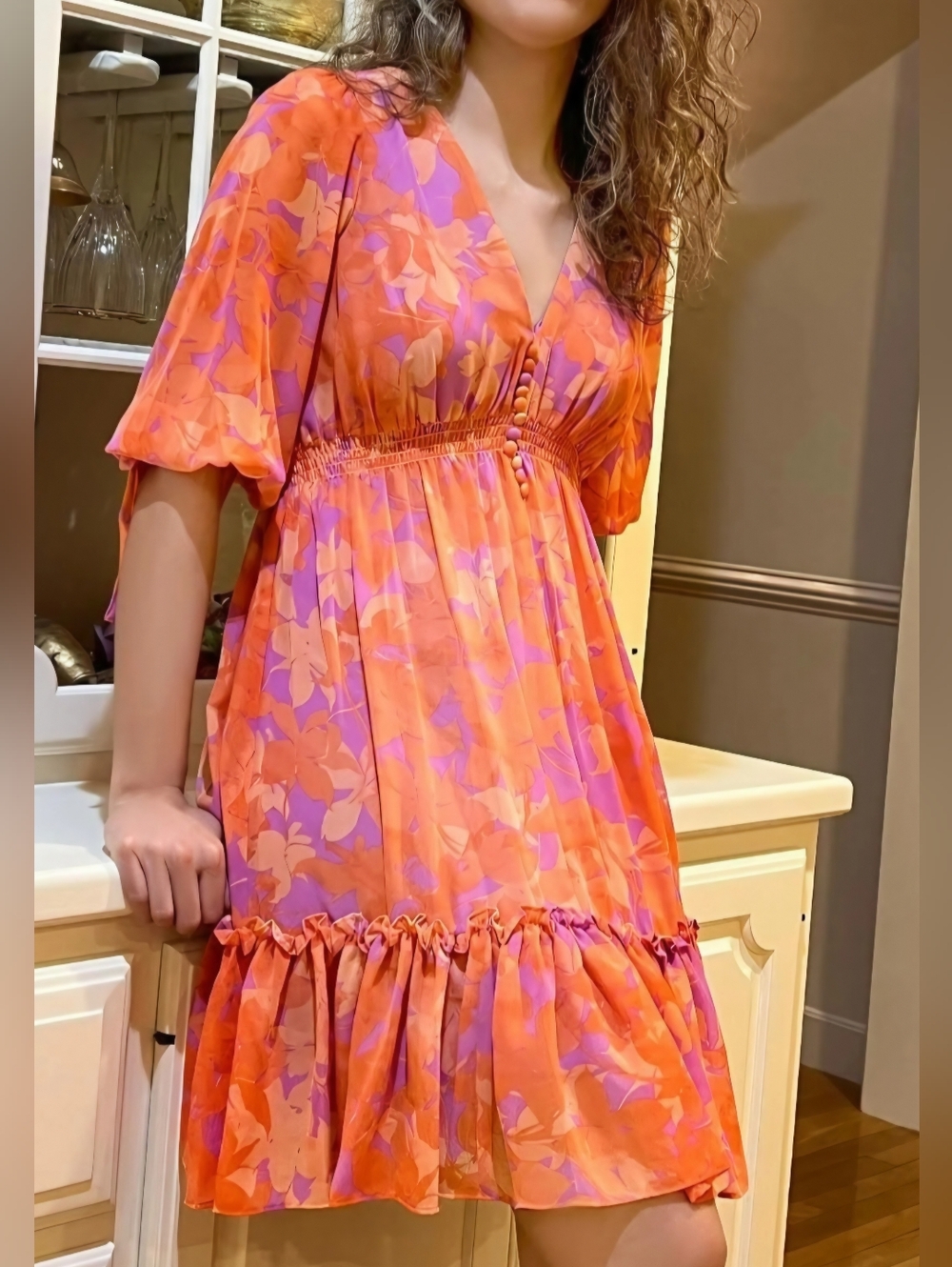 Taylor Orange & Purple Floral Empire-Waist Mini Dress